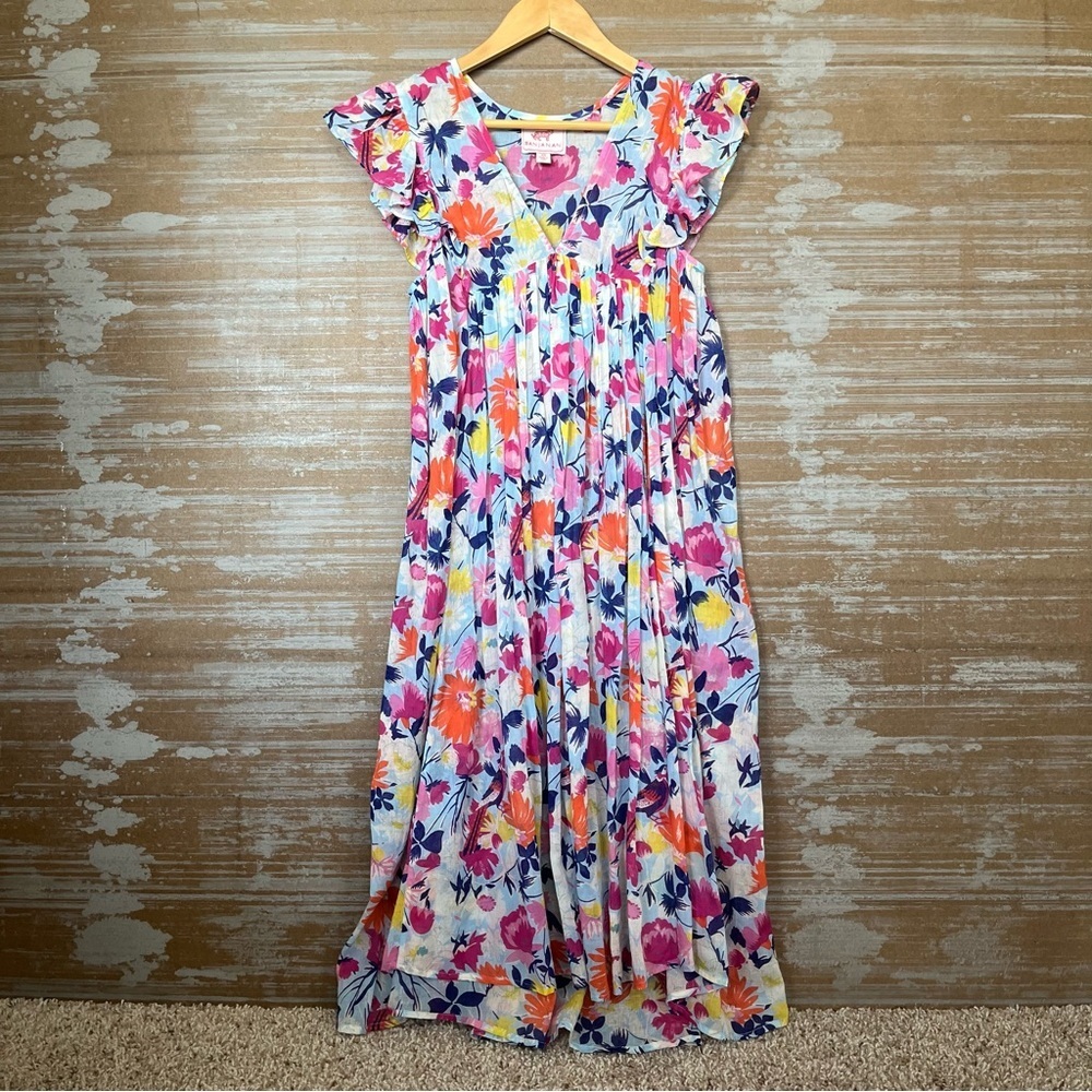 Banjanan Floral V Neck Midi Dress Boho Preppy Cotton Flowy Womens XS